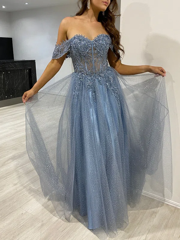 Ball Gown/Princess Off-the-shoulder Glitter Floor-length Prom Dresses With Beading #UKM020118162
