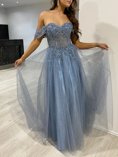 Ball Gown Off-the-shoulder Tulle Prom Dresses With Appliques #UKM020118162