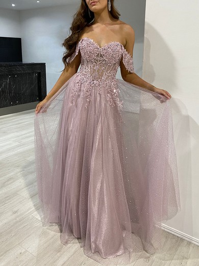 Ball Gown/Princess Off-the-shoulder Glitter Floor-length Prom Dresses With Beading #UKM020118163