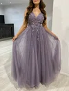 Ball Gown/Princess V-neck Tulle Glitter Floor-length Prom Dresses With Beading #UKM020118173