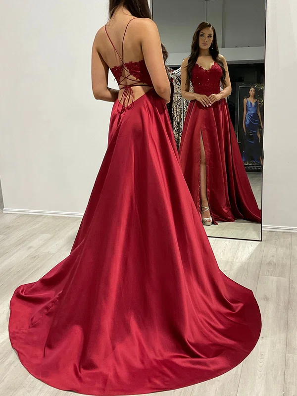 Ball Gown/Princess V-neck Satin Sweep Train Prom Dresses With Beading #UKM020118174