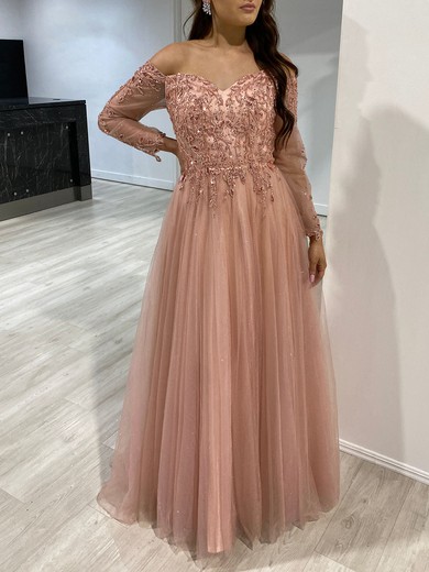 Ball Gown Off-the-shoulder Tulle Prom Dresses With Beading #UKM020118175