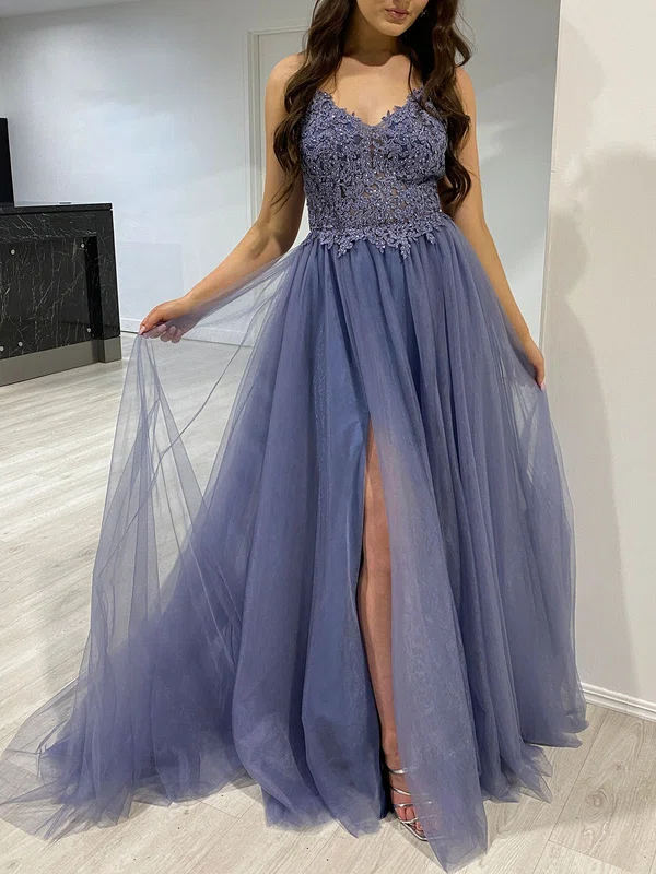 Ball Gown/Princess V-neck Tulle Sweep Train Prom Dresses With Beading #UKM020118180
