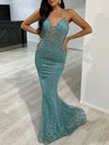 Trumpet/Mermaid V-neck Tulle Sweep Train Prom Dresses With Appliques Lace #UKM020118181