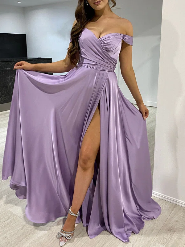 A-line Off-the-shoulder Silk-like Satin Floor-length Prom Dresses With Ruched #UKM020118183