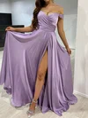A-line Off-the-shoulder Satin Prom Dresses With Ruched #UKM020118183