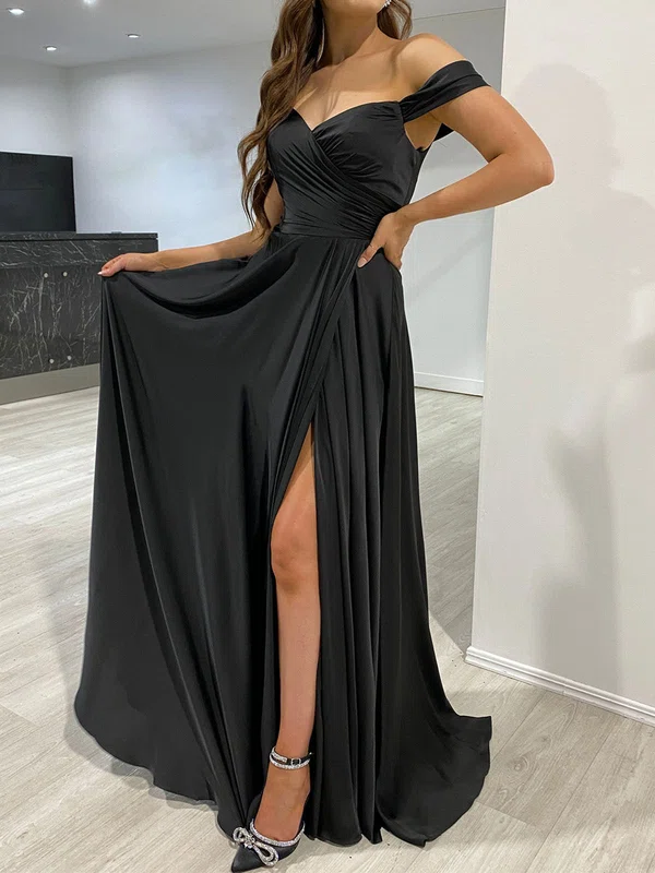 Black A-line Off-the-shoulder Satin Prom Dresses With Ruched #UKM020118184
