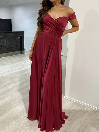 A-line Off-the-shoulder Silk-like Satin Floor-length Prom Dresses With Ruched #UKM020118185