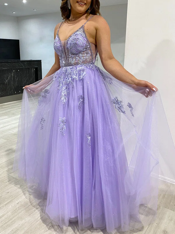 Ball Gown/Princess V-neck Tulle Glitter Sweep Train Prom Dresses With Beading #UKM020118186