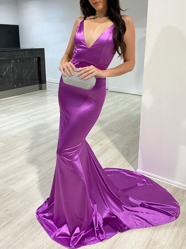 Trumpet/Mermaid V-neck Silk-like Satin Sweep Train Prom Dresses With Ruched #UKM020118302