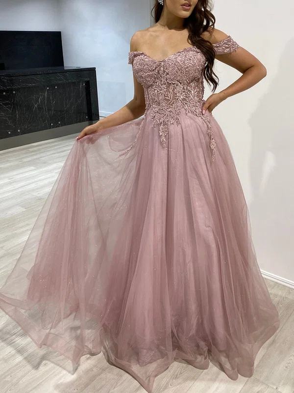 Ball Gown/Princess Off-the-shoulder Tulle Floor-length Prom Dresses With Beading #UKM020118303