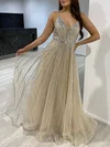 Ball Gown/Princess V-neck Tulle Floor-length Prom Dresses With Beading #UKM020118305