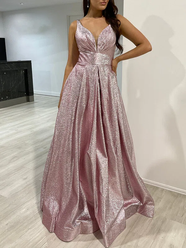 Ball Gown/Princess V-neck Glitter Floor-length Prom Dresses With Ruffles #UKM020118309