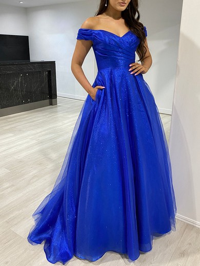 Ball Gown/Princess Off-the-shoulder Tulle Glitter Sweep Train Prom Dresses With Pockets #UKM020118312
