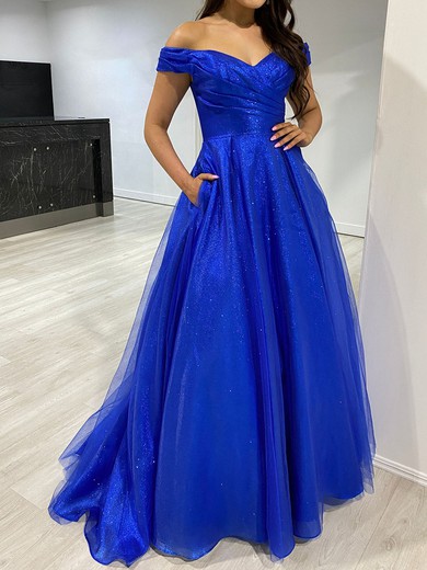 Ball Gown Off-the-shoulder Tulle Prom Dresses With Ruched #UKM020118312