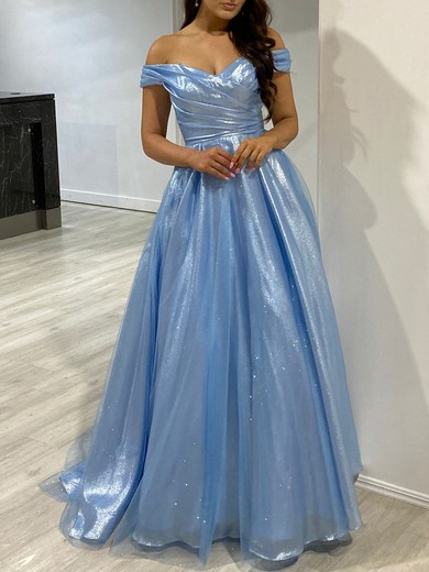 Ball Gown/Princess Off-the-shoulder Glitter Floor-length Prom Dresses With Ruched #UKM020118314