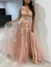 Ball Gown/Princess One Shoulder Tulle Glitter Sweep Train Prom Dresses With Appliques Lace #UKM020118315