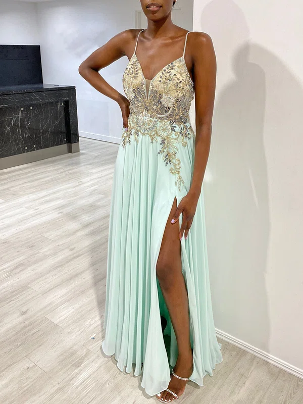 A-line V-neck Chiffon Floor-length Prom Dresses With Beading #UKM020118322