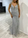 Trumpet/Mermaid V-neck Glitter Sweep Train Prom Dresses With Feathers / Fur #UKM020118325