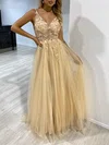 Ball Gown/Princess V-neck Tulle Glitter Floor-length Prom Dresses With Beading #UKM020118329