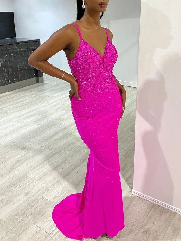 Trumpet/Mermaid V-neck Jersey Sweep Train Prom Dresses With Beading #UKM020118353