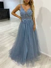 Ball Gown/Princess V-neck Tulle Glitter Floor-length Prom Dresses With Beading #UKM020118356