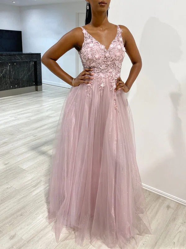 Ball Gown/Princess V-neck Tulle Glitter Floor-length Prom Dresses With Beading #UKM020118357