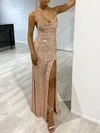 Sheath/Column Cowl Neck Sequined Floor-length Prom Dresses With Ruched #UKM020118375