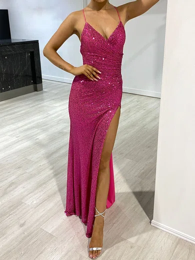 Mermaid V-neck Sparkly Sequin Prom Dresses With Ruched #UKM020118376