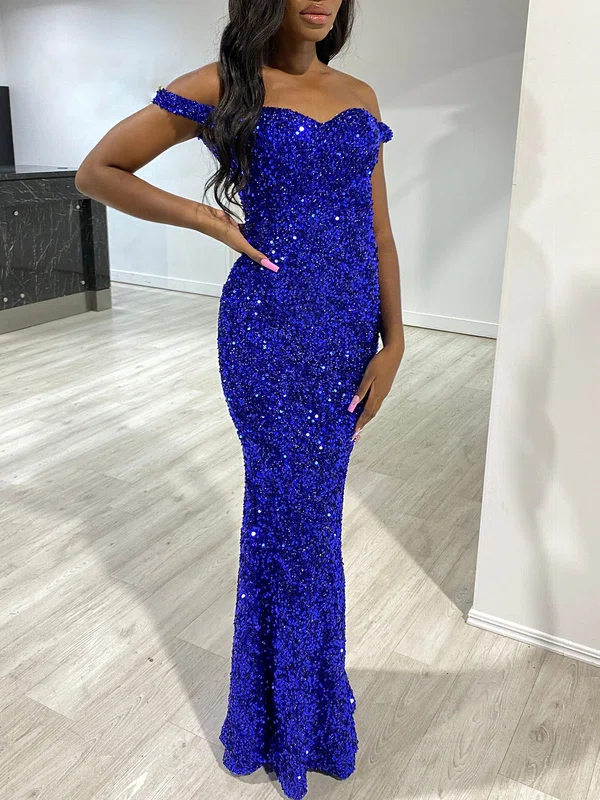 Sheath/Column Off-the-shoulder Velvet Sequins Floor-length Prom Dresses #UKM020118380