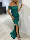 Trumpet/Mermaid Off-the-shoulder Silk-like Satin Sweep Train Prom Dresses With Ruched #UKM020118391