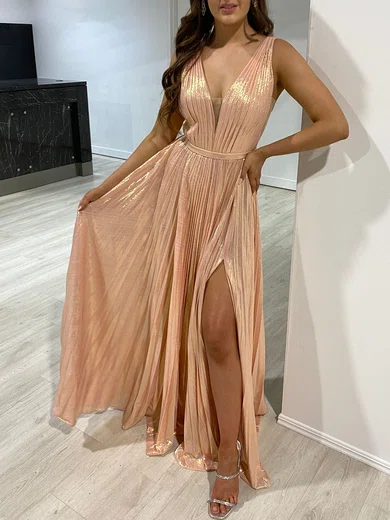 Sparkly A-line V-neck Metallic Prom Dresses With Ruched #UKM020118398