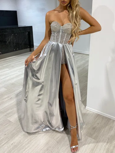 A-line Strapless Sparkly Sequined Metallic Prom Dresses #UKM020118402