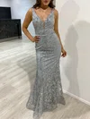 Trumpet/Mermaid V-neck Tulle Floor-length Prom Dresses With Appliques Lace #UKM020118406