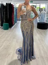 Trumpet/Mermaid V-neck Tulle Sweep Train Prom Dresses With Beading #UKM020118426