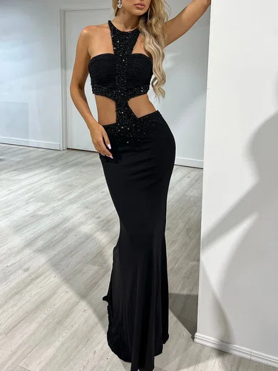 Sheath/Column Scoop Neck Jersey Cut Out Prom Dresses With Appliques #UKM020118432