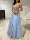 Ball Gown/Princess V-neck Tulle Floor-length Prom Dresses With Beading #UKM020118450