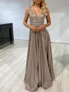 A-line V-neck Glitter Floor-length Prom Dresses With Beading #UKM020118454