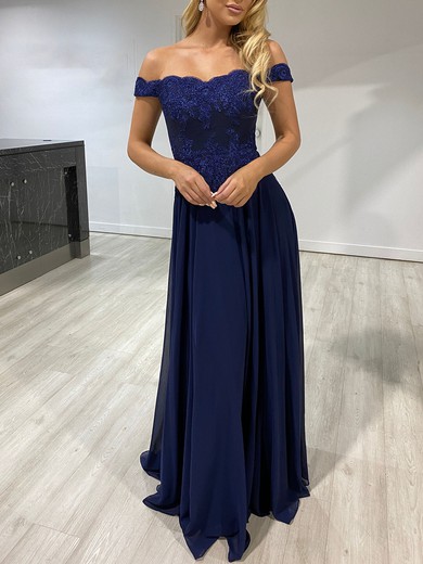 A-line Off-the-shoulder Chiffon Prom Dresses With Appliques #UKM020118457