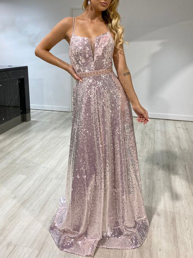A-line Scoop Neck Sparkly Sequin Prom Dresses With Beading #UKM020118458