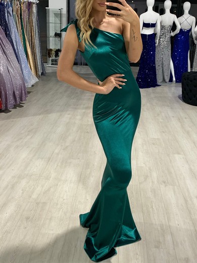 Sheath/Column One Shoulder Satin Prom Dresses With Ruched #UKM020118483