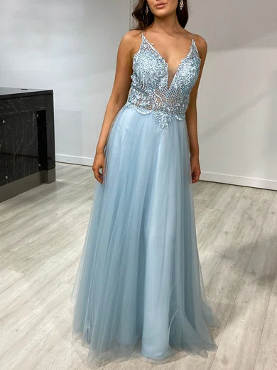 Ball Gown/Princess V-neck Tulle Floor-length Prom Dresses With Beading #UKM020118485