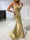Trumpet/Mermaid V-neck Silk-like Satin Sweep Train Prom Dresses With Ruched #UKM020118494