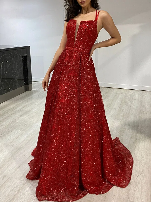 Ball Gown/Princess V-neck Glitter Sweep Train Prom Dresses #UKM020118503
