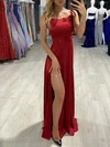 A-line Scoop Neck Silk-like Satin Floor-length Prom Dresses With Split Front #UKM020118518