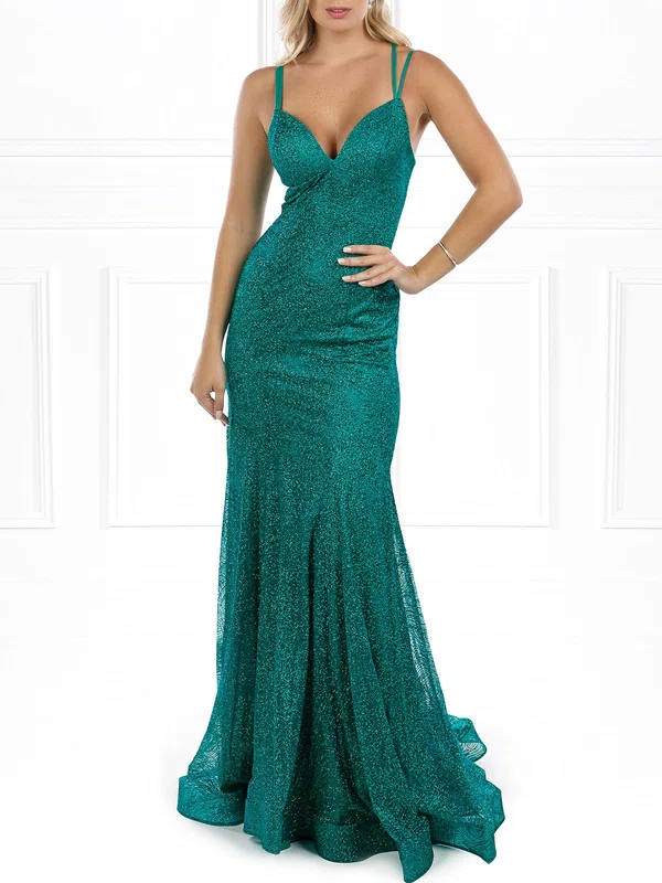 Trumpet/Mermaid V-neck Glitter Sweep Train Prom Dresses #UKM020118542