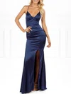 Trumpet/Mermaid V-neck Silk-like Satin Sweep Train Prom Dresses With Split Front #UKM020118543