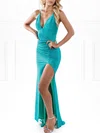 Trumpet/Mermaid V-neck Shimmer Crepe Sweep Train Prom Dresses With Ruched #UKM020118545