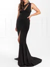Trumpet/Mermaid One Shoulder Jersey Sweep Train Prom Dresses With Split Front #UKM020118548