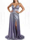 A-line V-neck Glitter Sweep Train Prom Dresses With Ruffles #UKM020118554